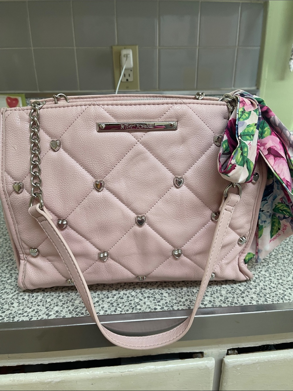 Betsey Johnson Light Pink Quilted Heart-Stud Shoulder Bag with Floral Scarf